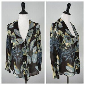 Chicos Blue Black Floral 100% Silk 1 Button Blouse Top Size 0 Small US 4